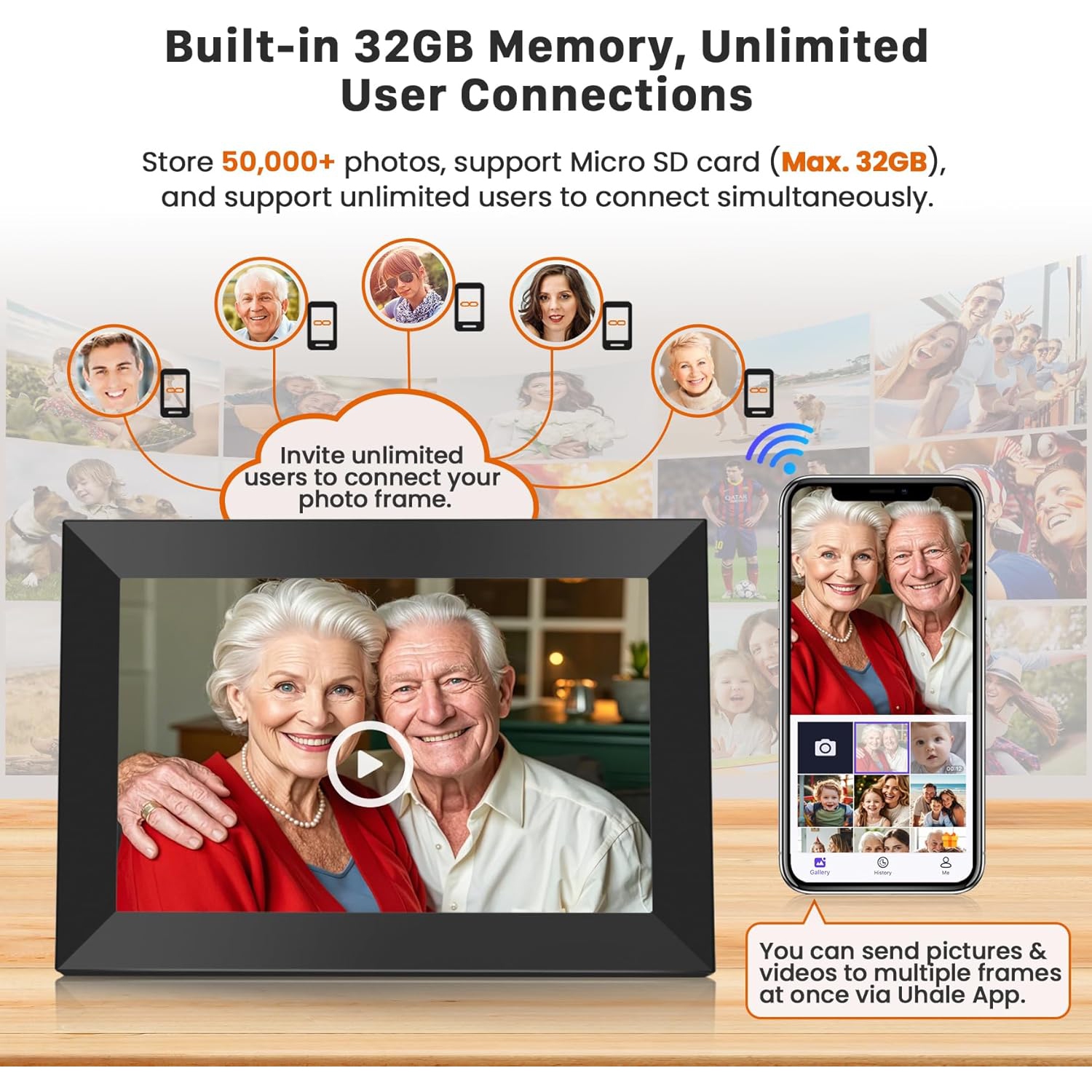 Écran tactile HD IPS Wi-Fi de 10&nbsp;po, cadre photo intelligent électronique 32G, partage instantané de photos et de vidéos avec l'application Uhale