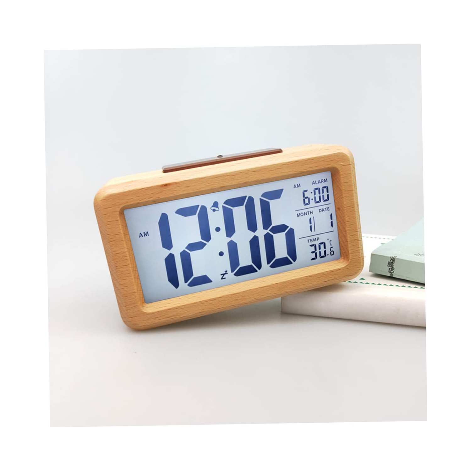 Wooden Alarm Clock, Smart Sensor Night Light with Snooze, Date, Temperature, 12/24Hr Switchable, Easy to Use for Bedrooms