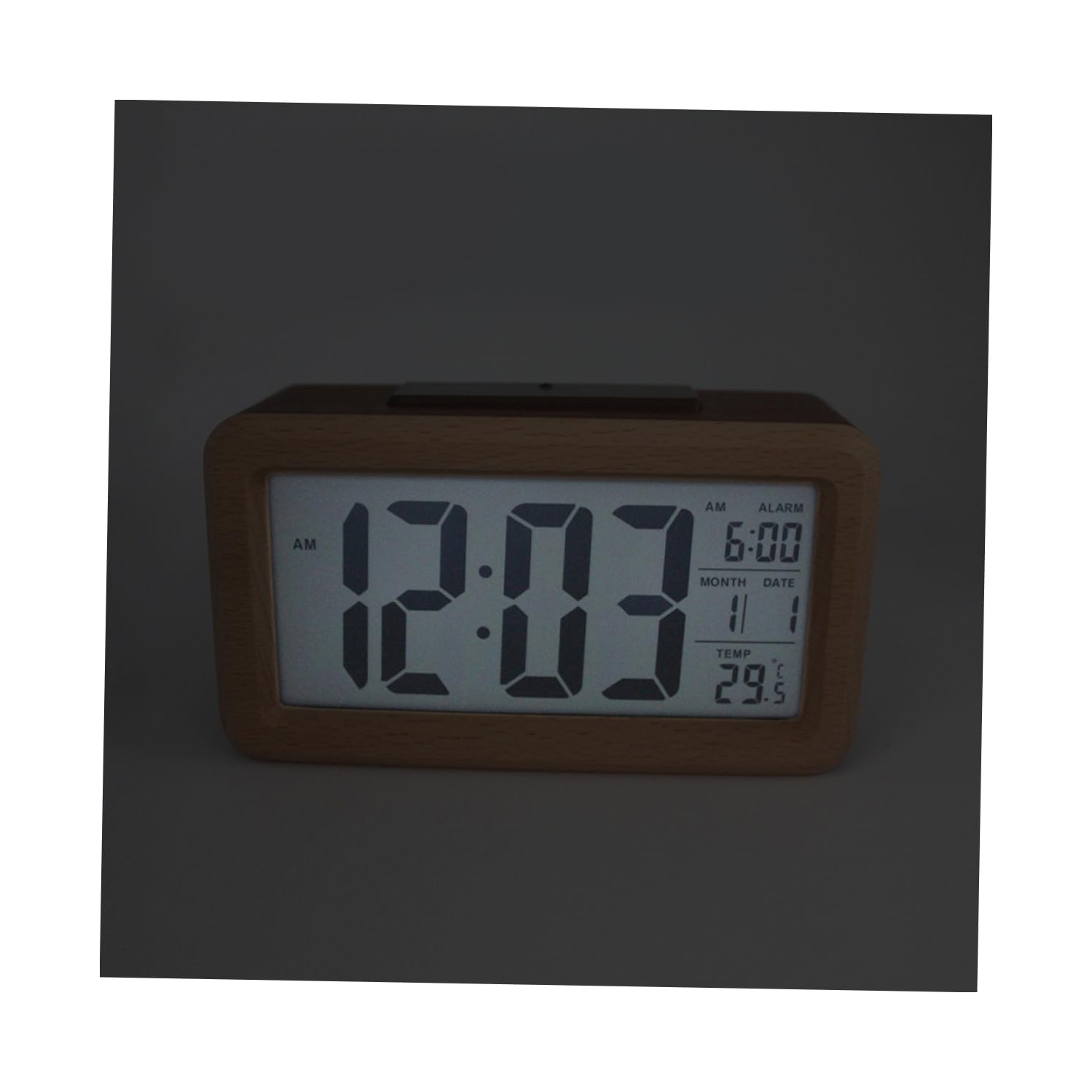 Wooden Alarm Clock, Smart Sensor Night Light with Snooze, Date, Temperature, 12/24Hr Switchable, Easy to Use for Bedrooms