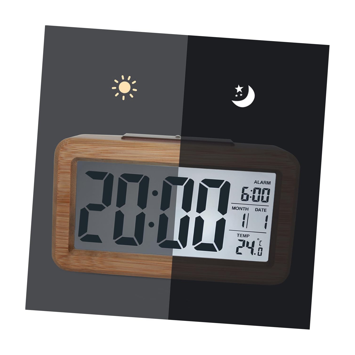 Wooden Alarm Clock, Smart Sensor Night Light with Snooze, Date, Temperature, 12/24Hr Switchable, Easy to Use for Bedrooms