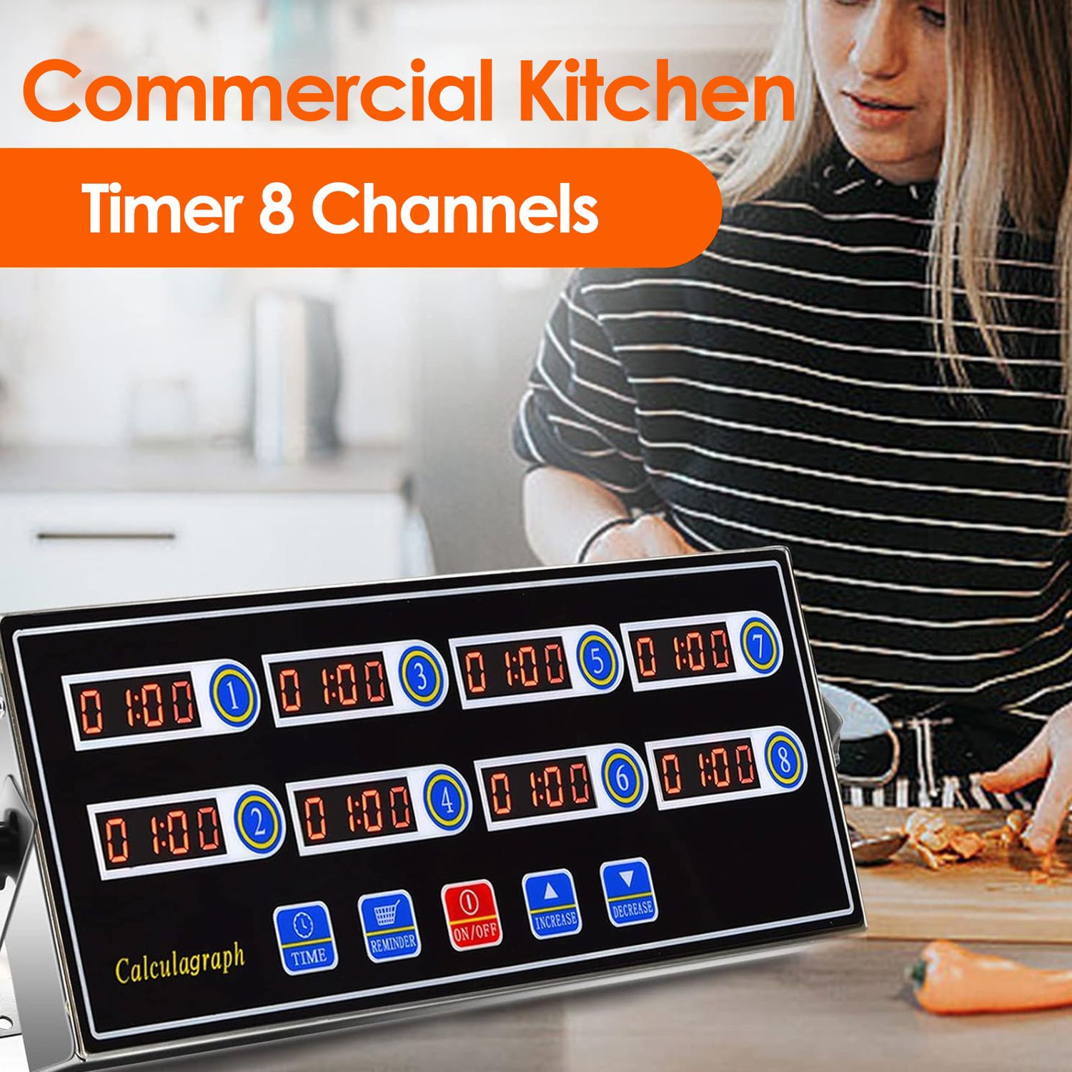 8 Channel Digital Kitchen Timer Stainless Steel LED Display Calculagraph Timer, Cooking Timer Reminder, Commercial Burger Bakery Restaurant Clock