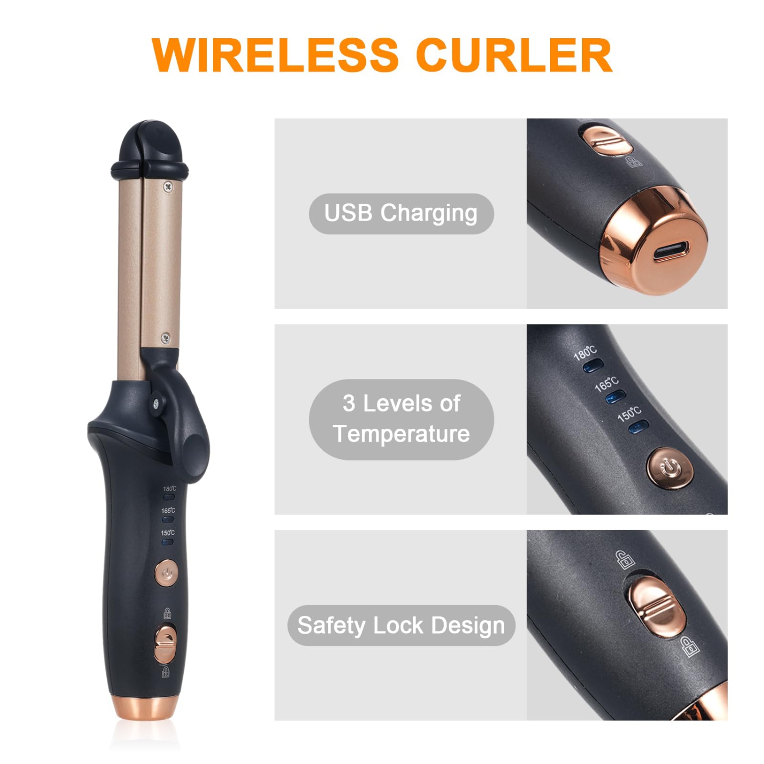 Cordless Curling Iron Mini Curling Flat Iron Hair Straightener Curler Rechargeable Wireless Hair Curling Iron-Gold