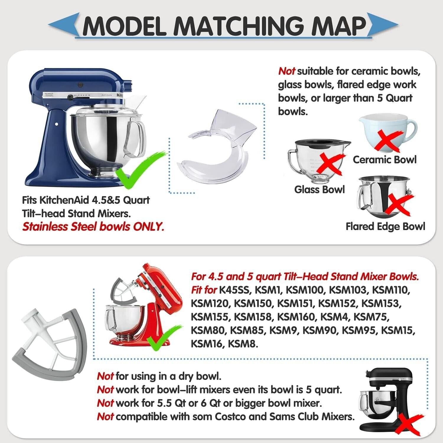 Pouring Shield and Flex Edge Beater for KitchenAid 4.5 and 5 Quart Tilt-Head Stand Mixers Stainless Steel Bowls ONLY, Secure Fit Splatter Guard