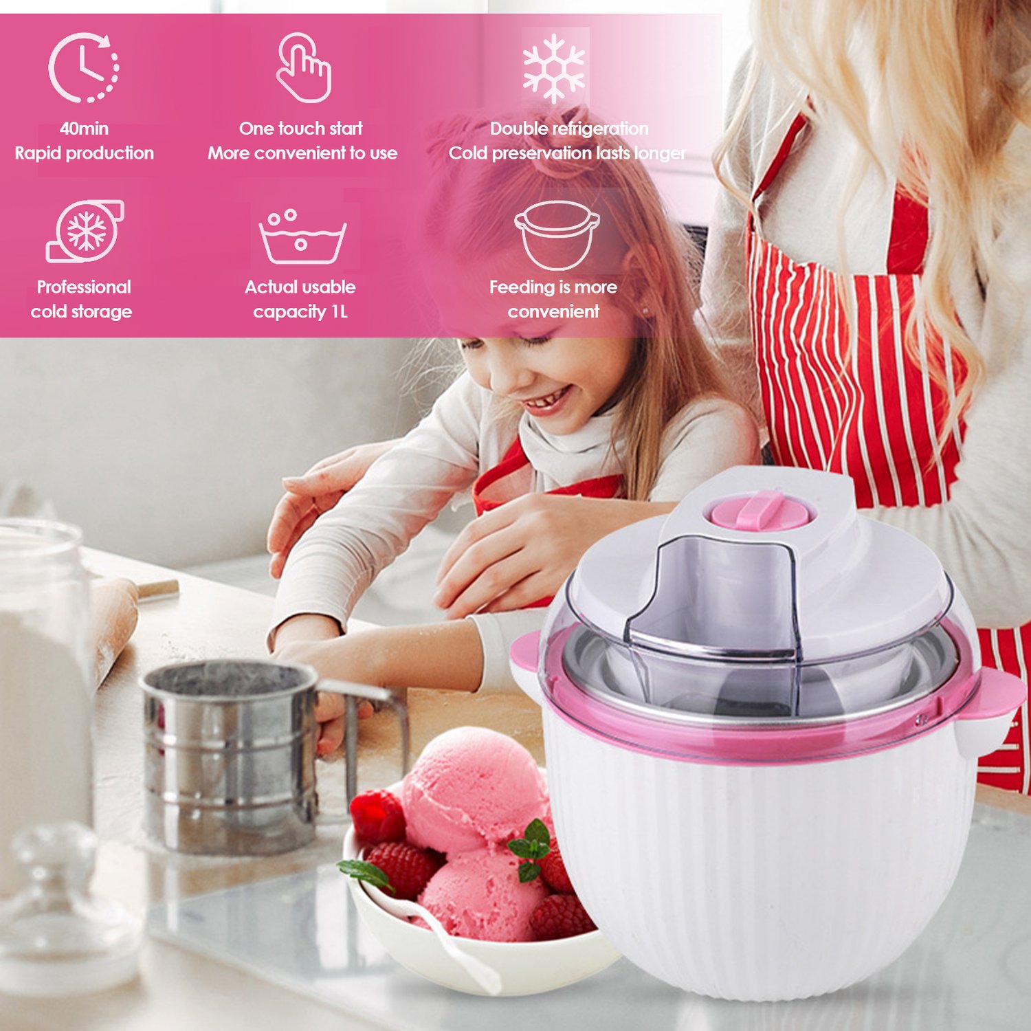 ice cream maker machine , 1 L Mini Electric DIY Frozen Fruit Freezer Smoothie Blender Ice Cream Machine Home Kitchen