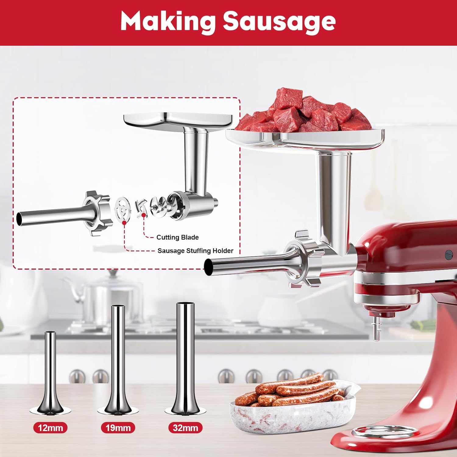 Metal Meat Grinder Attachment for KitchenAid Stand Mixer,Sausage Stuffer Attachment , with Burger Press