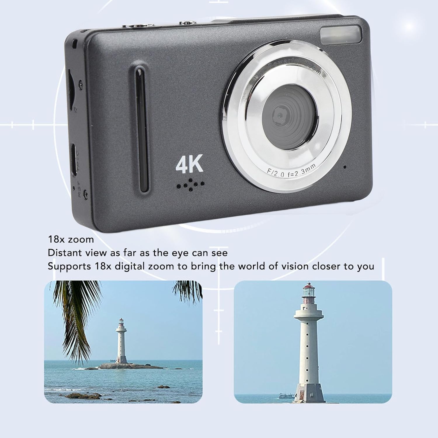 FC002 4K Photography Digital Camera, 18x Zoom Vlogging Camera with 2.4" HD Display, Compact Travel Camera - White + 64G Camera Card