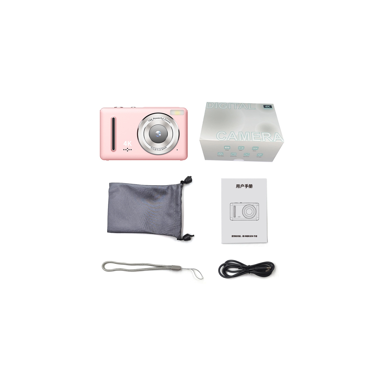 FC002 4K 摄影数码相机，18 倍变焦视频博客相机，配备 2.4 英寸高清显示屏，紧凑型旅行相机 - 粉色
