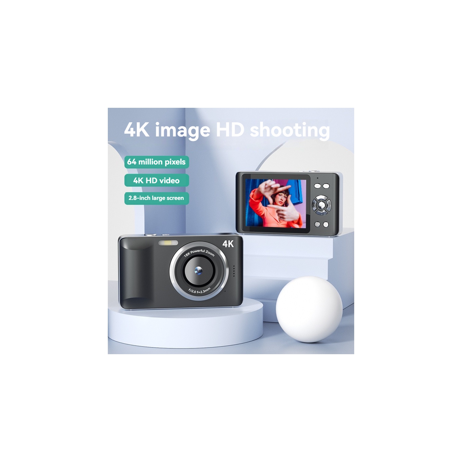 FC001 48MP Mini Digital Camera Portable Video SLR Camera 2.8 Inch IPS Screen 4K Recording Function CMOS Imaging - 64G Memory Card for Camera+Black