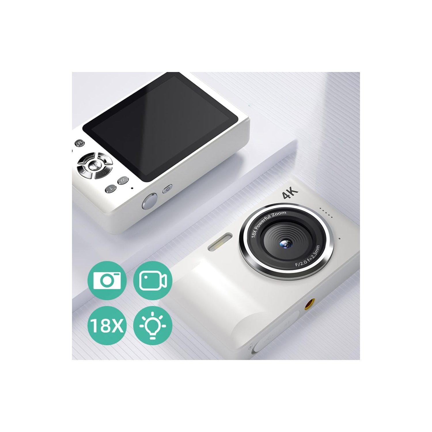 FC001 48MP Mini Digital Camera Portable Video SLR Camera 2.8 Inch IPS Screen 4K Recording Function CMOS Imaging - 64G Memory Card for Camera+White