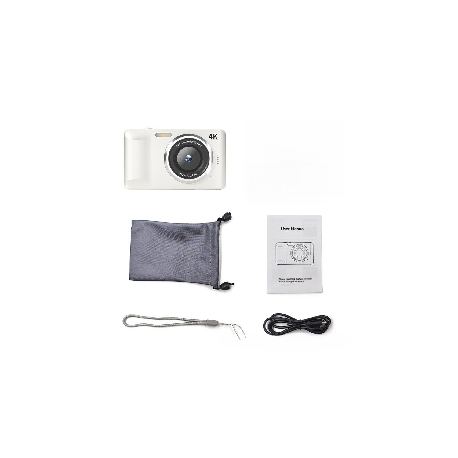 FC001 48MP Mini Digital Camera Portable Video SLR Camera 2.8 Inch IPS Screen 4K Recording Function CMOS Imaging - 64G Memory Card for Camera+White