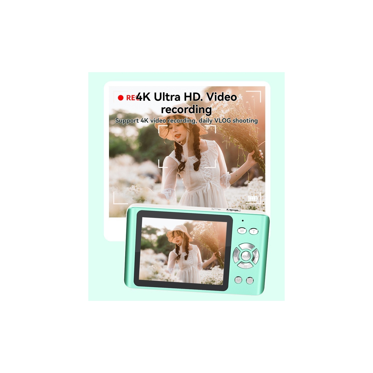 FC001 48MP Mini Digital Camera Portable Video SLR Camera 2.8 Inch IPS Screen 4K Recording Function CMOS Imaging - 64G Memory Card for Camera+Green