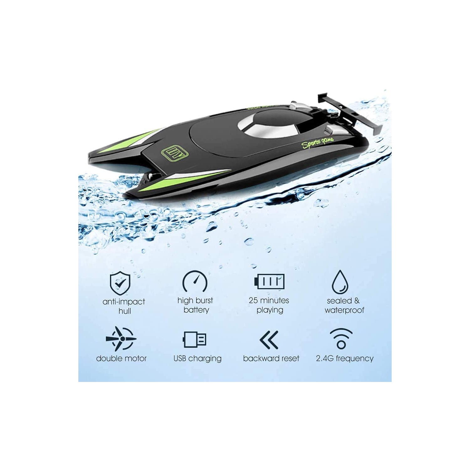 Bateau 2,4&nbsp;Hz RC Bateau pour enfants et adultes, vitesse élevée de plus de 20 mi/h. ​​Bateau, bateau de course à double moteur autoredresseur,