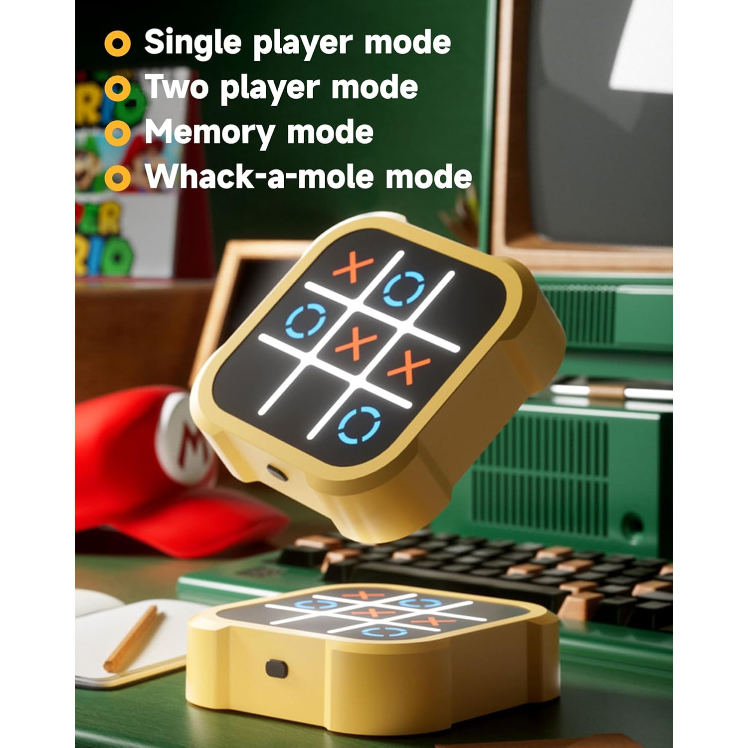 Tic-tac-toe game, 4-in-1 handheld educational game console, electronic tic-tac-toe game for improving memory, portable travel game for car, board