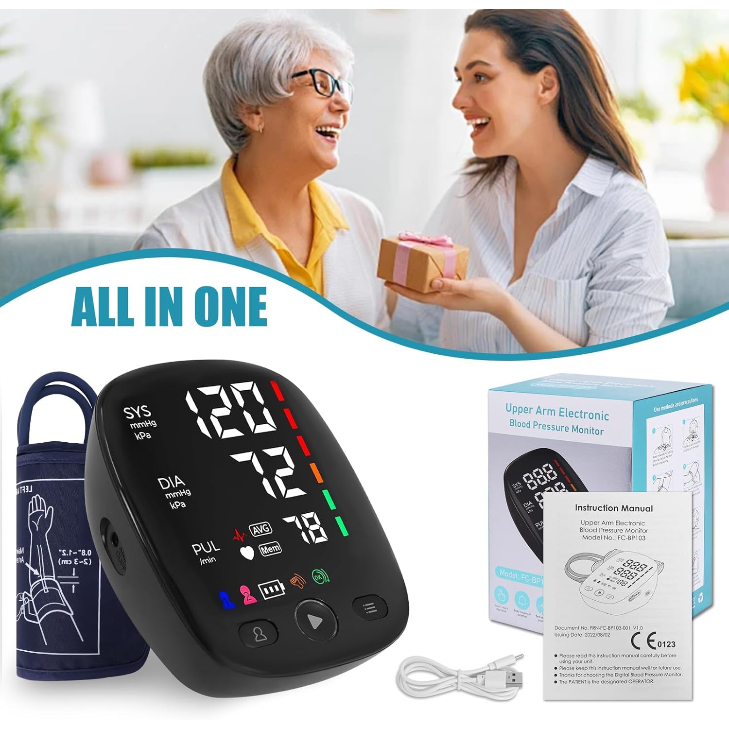 Tensiomètre intelligent pour le bras – Double utilisateur, 240 souvenirs, alertes couleur de L'OMS, brassard réglable avec écran rétroéclairé LED,