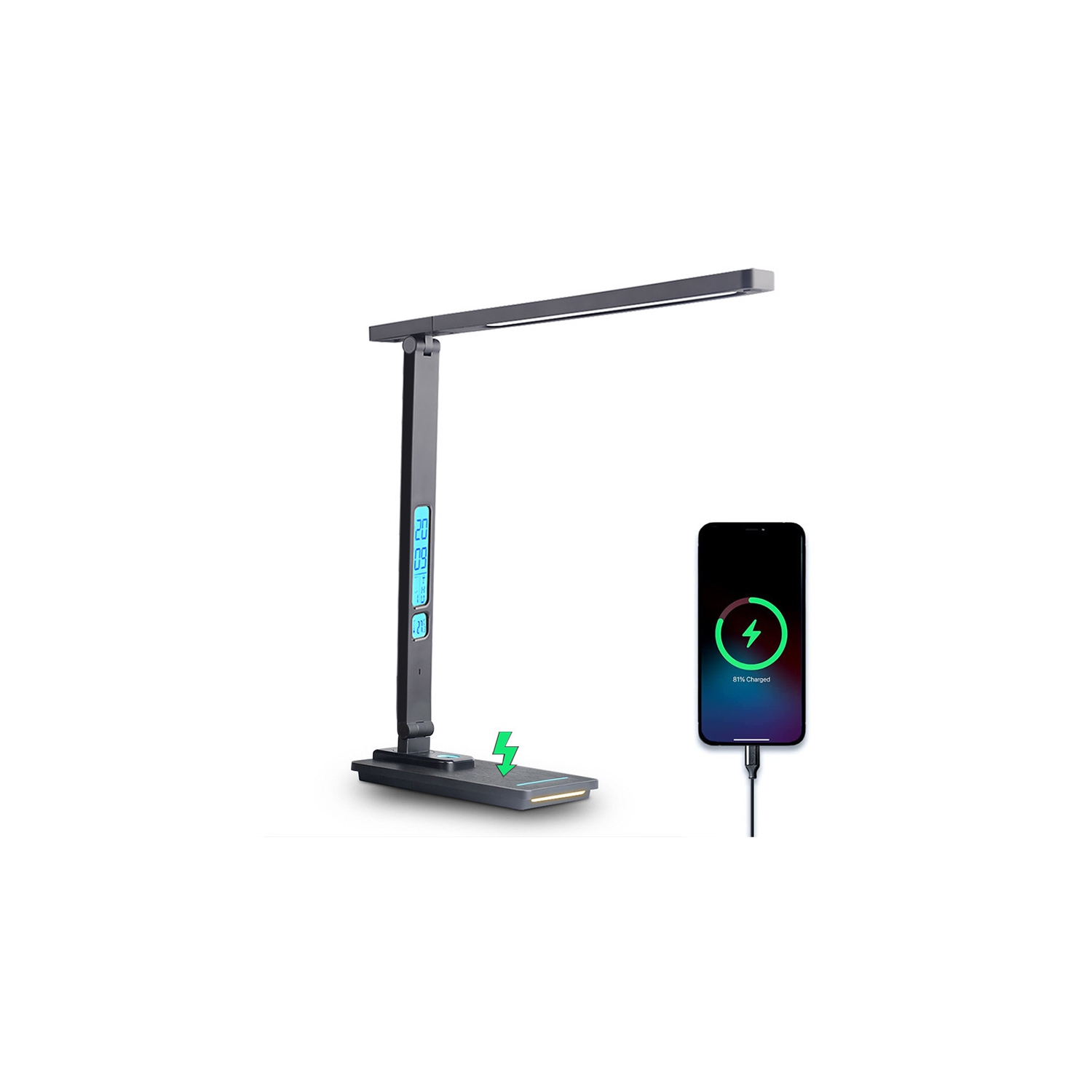 10W wireless charging LED desk lamp with calendar, alarm clock, night light, eye protection, five color temperatures, foldable design