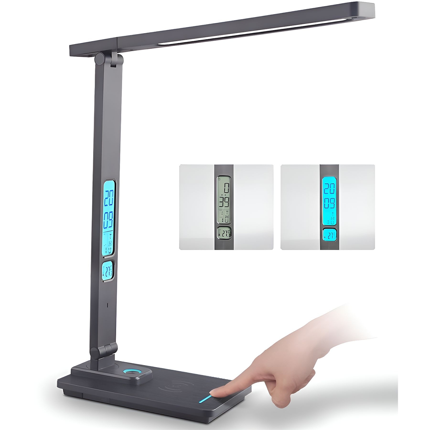 10W wireless charging LED desk lamp with calendar, alarm clock, night light, eye protection, five color temperatures, foldable design