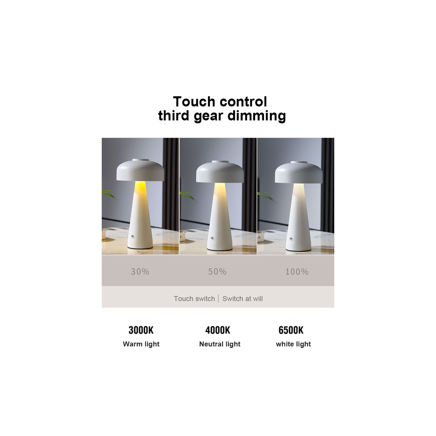 Lampe de bureau LED tactile sans fil - gradation constante, 3 modes de couleur, pile 1200&nbsp;mAh, veilleuse d'ambiance portative pour la décoration