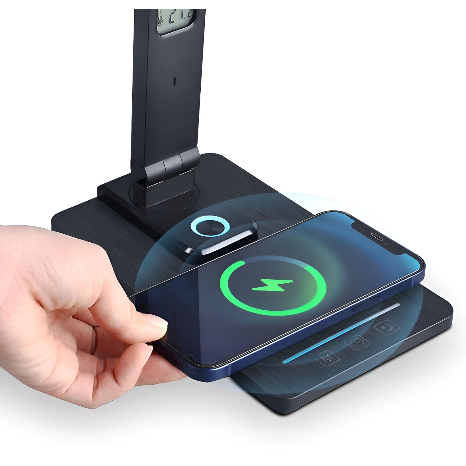 10W wireless charging LED desk lamp with calendar, alarm clock, night light, eye protection, five color temperatures, foldable design