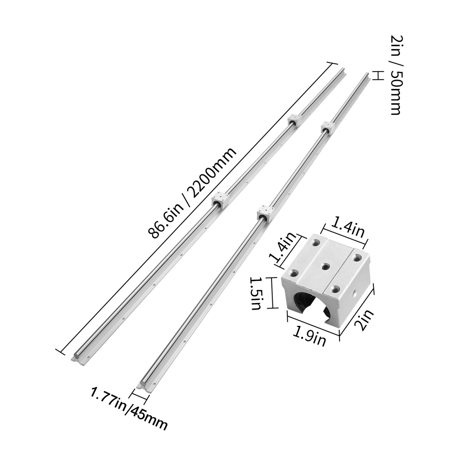 VEVOR SBR20 2200mm Linear Guide Rail Set, ,2 PCS 86.6 in/2200 mm SBR20 Guide Rails and 4 PCS SBR20UU Slide Blocks, Linear Rails and Bearings Kit for
