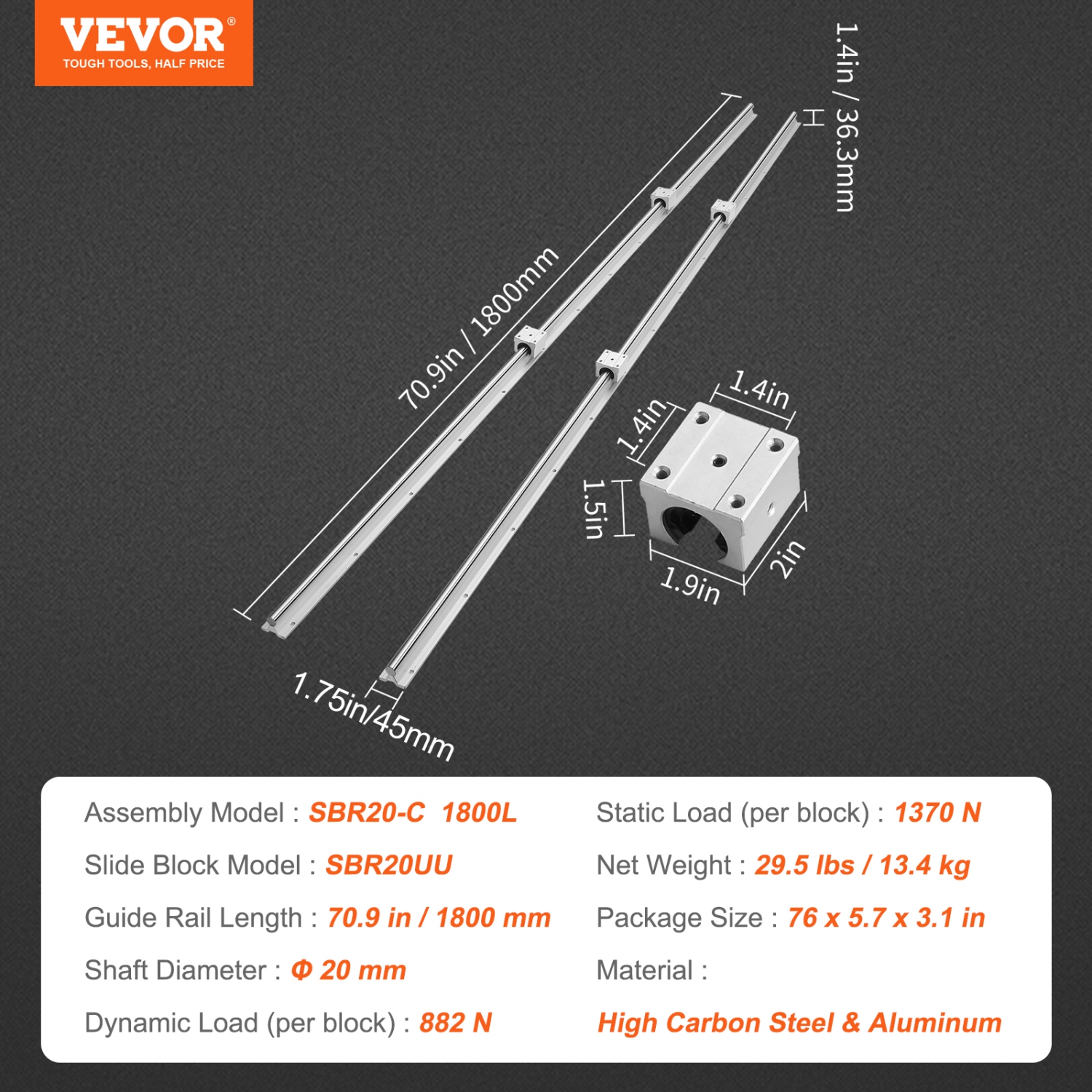 VEVOR SBR20 1800mm Linear Guide Rail Set, 2 PCS 70.9 in/1800 mm SBR20 Guide Rails and 4 PCS SBR20UU Slide Blocks, Linear Rails and Bearings Kit for