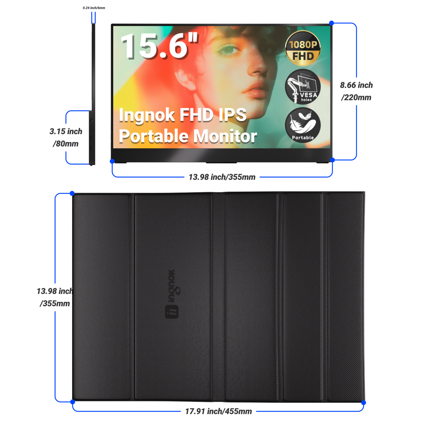 Moniteur portatif d'Ingnok, moniteur FHD 15p IPS 1080,6&nbsp;po avec port USB-C HDMI, écran portatif pour portable Mac PC Phone Switch PS5,