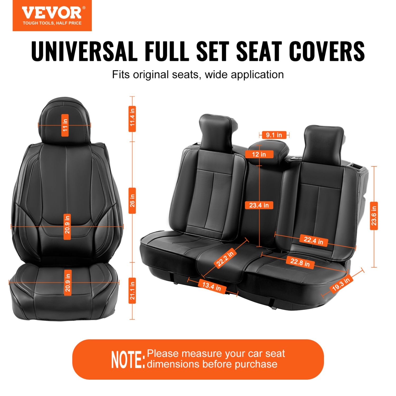 VEVOR Seat Covers, Universal Car Seat Covers Full Set Seats, Front and Rear Seat, 13pcs Faux Leather Seat Cover, Full Enclosed Design, Detachable