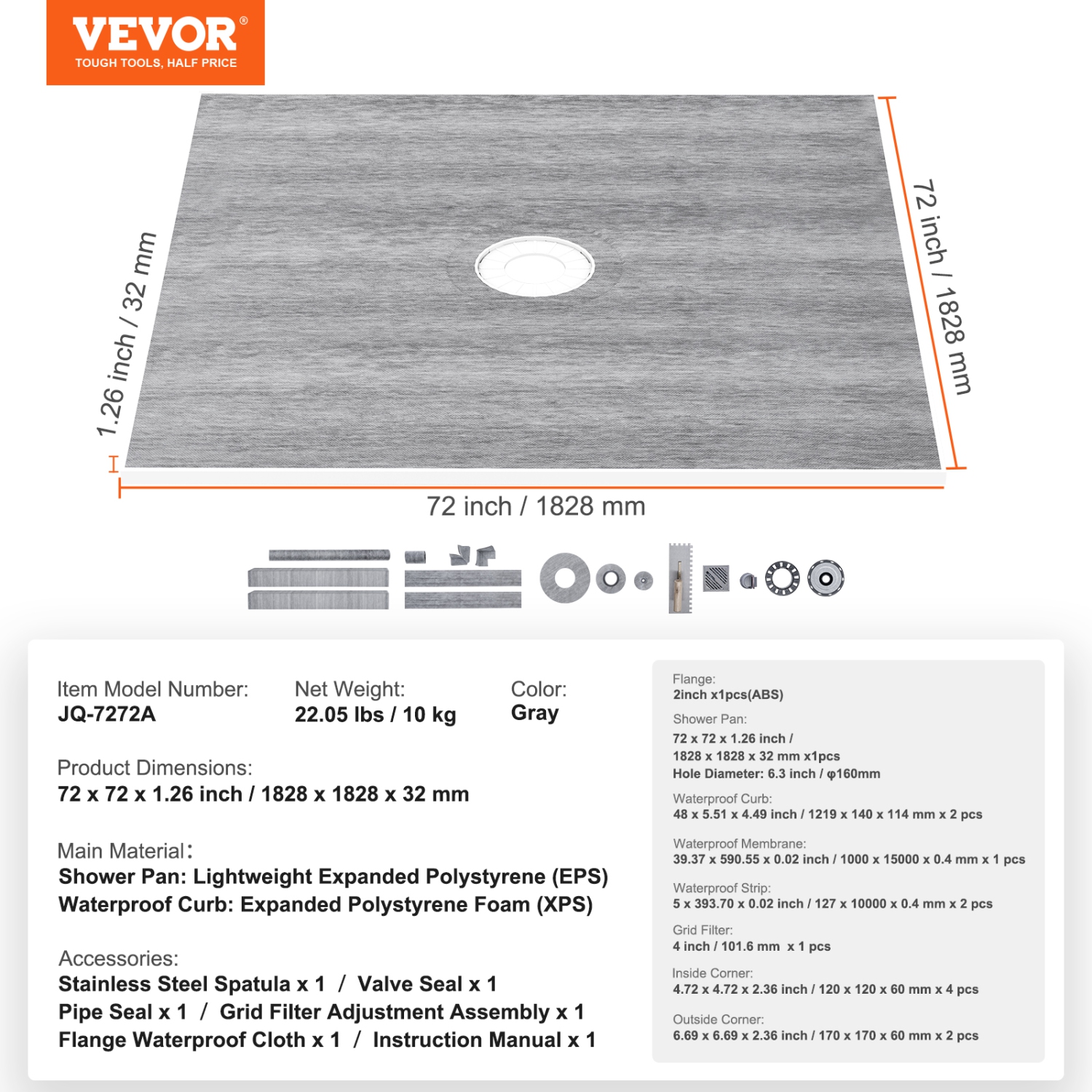 VEVOR 72"x72" Shower Curb Kit, Shower Pan Kit with 2" ABS Central Flange, 4" Stainless Steel Grate, Waterproof Shower Curb & Membrane & Strip, Shower