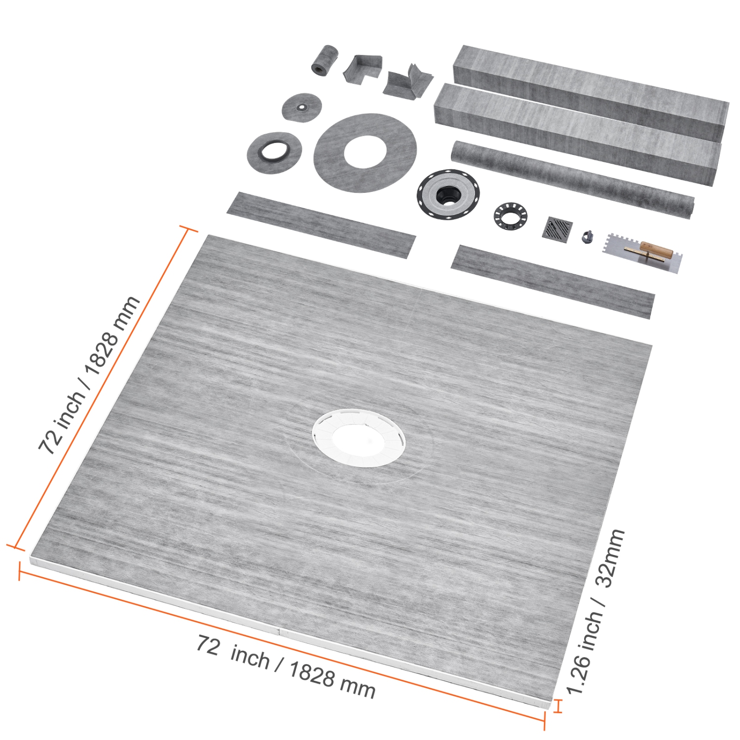 VEVOR 72"x72" Shower Curb Kit, Shower Pan Kit with 2" ABS Central Flange, 4" Stainless Steel Grate, Waterproof Shower Curb & Membrane & Strip, Shower