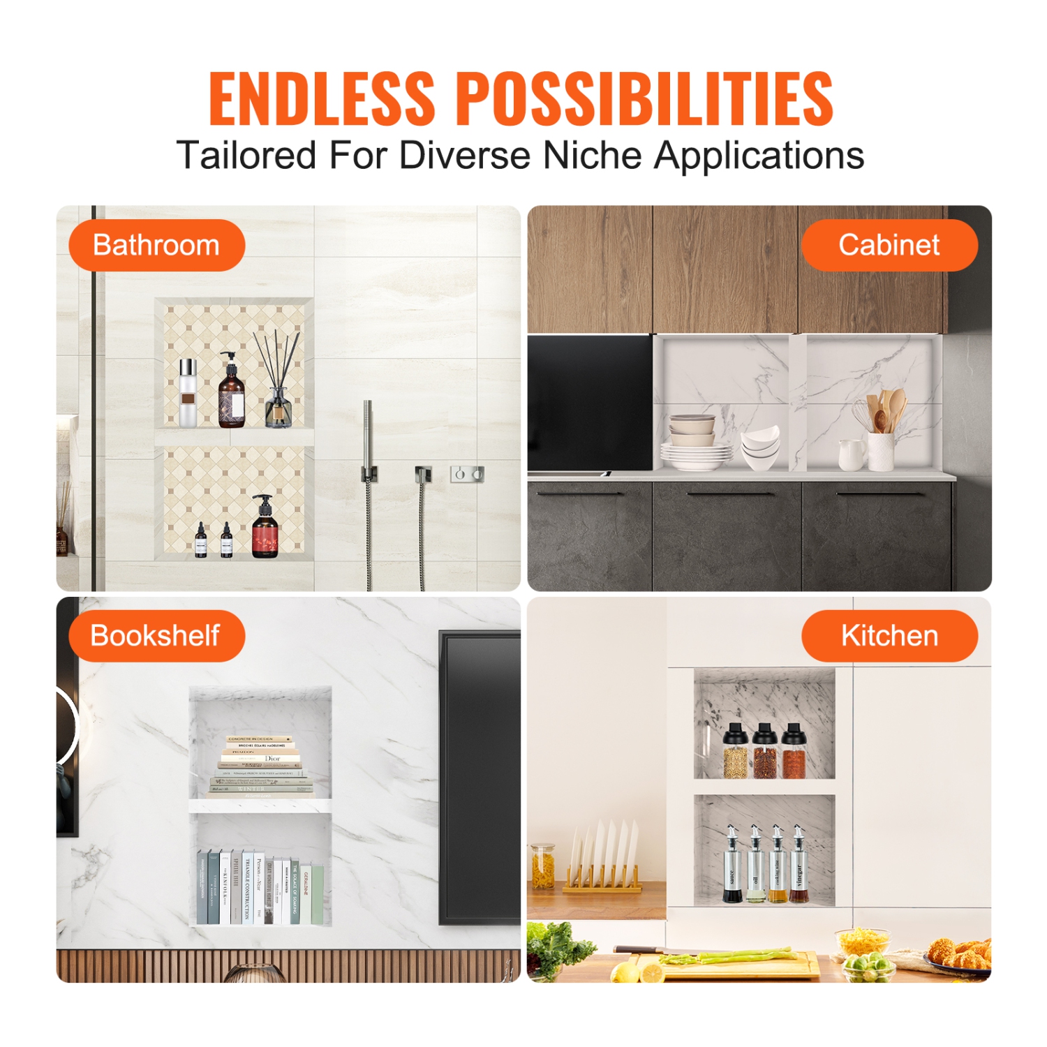 VEVOR 16" x 24" Shower Niche Ready for Tile, Double Shelf Organizer, Square Corners Wall-inserted Niche Recessed, Sealed Protection Soap Storage