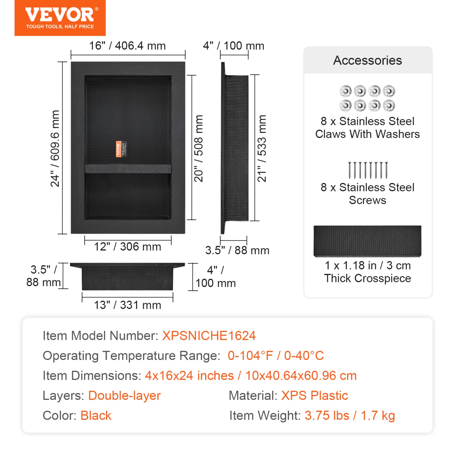 VEVOR 16" x 24" Shower Niche Ready for Tile, Double Shelf Organizer, Square Corners Wall-inserted Niche Recessed, Sealed Protection Soap Storage