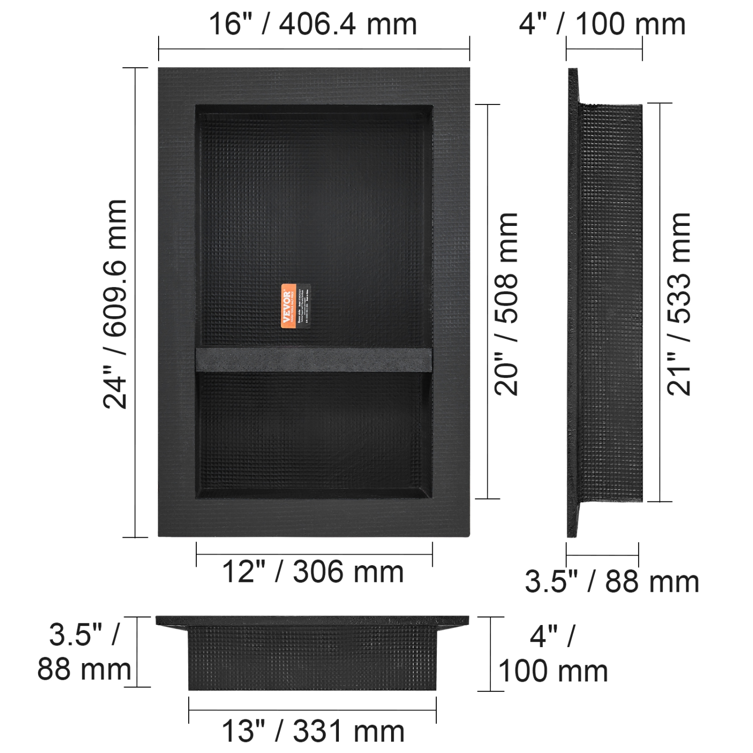 VEVOR 16" x 24" Shower Niche Ready for Tile, Double Shelf Organizer, Square Corners Wall-inserted Niche Recessed, Sealed Protection Soap Storage