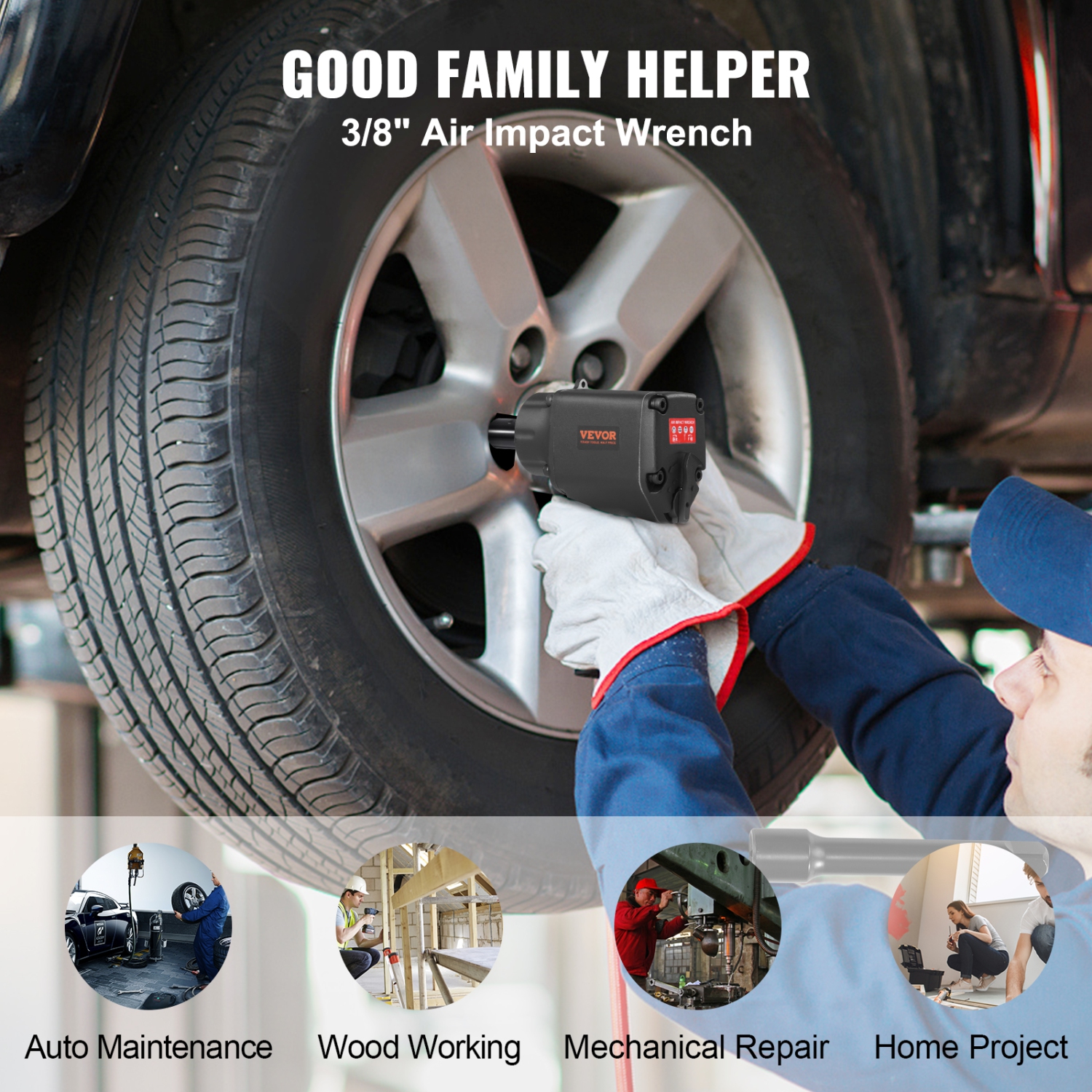 VEVOR 3/8-Inch Air Impact Wrench, Drive Air Impact Gun, Up to 690ft-lbs Nut-busting Torque, Lightweight Pneumatic Impact Wrench for