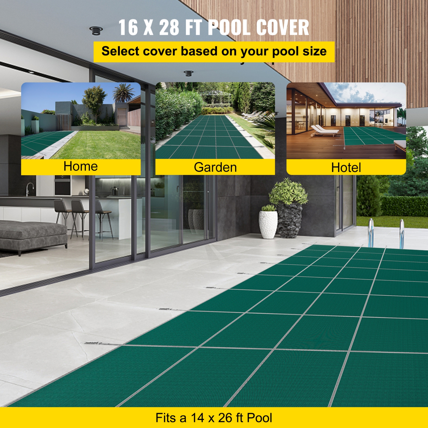 VEVOR Pool Safety Cover Fits 14x26ft Rectangle Inground Pools, Safety Pool Cover with Drainage Holes, Mesh Solid Pool Cover for Swimming Pool, Winter