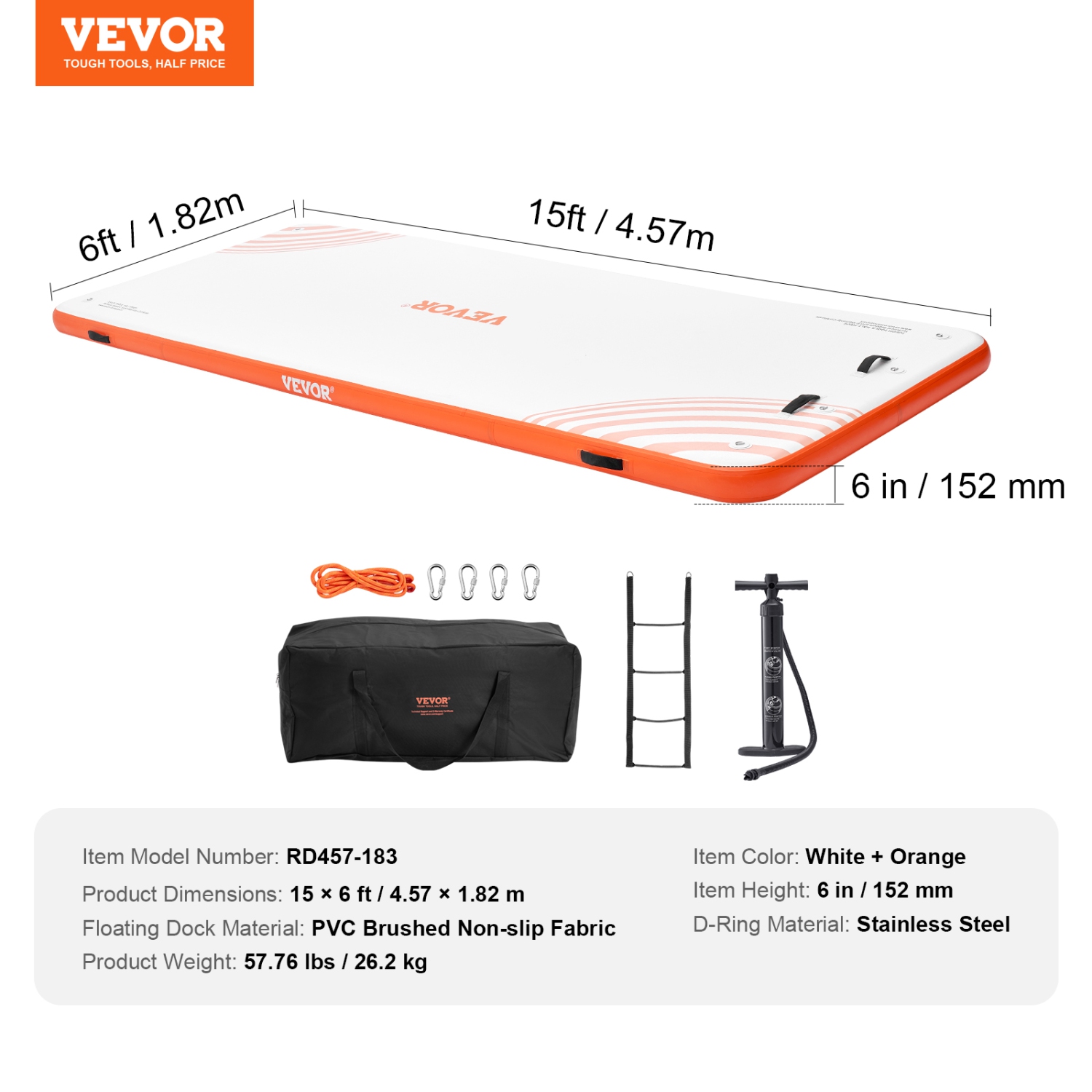 Quai flottant gonflable de 15 x 6 pi VEVOR, plateforme de quai gonflable, tapis de quai flottant antidérapant avec échelle amovible et sac de