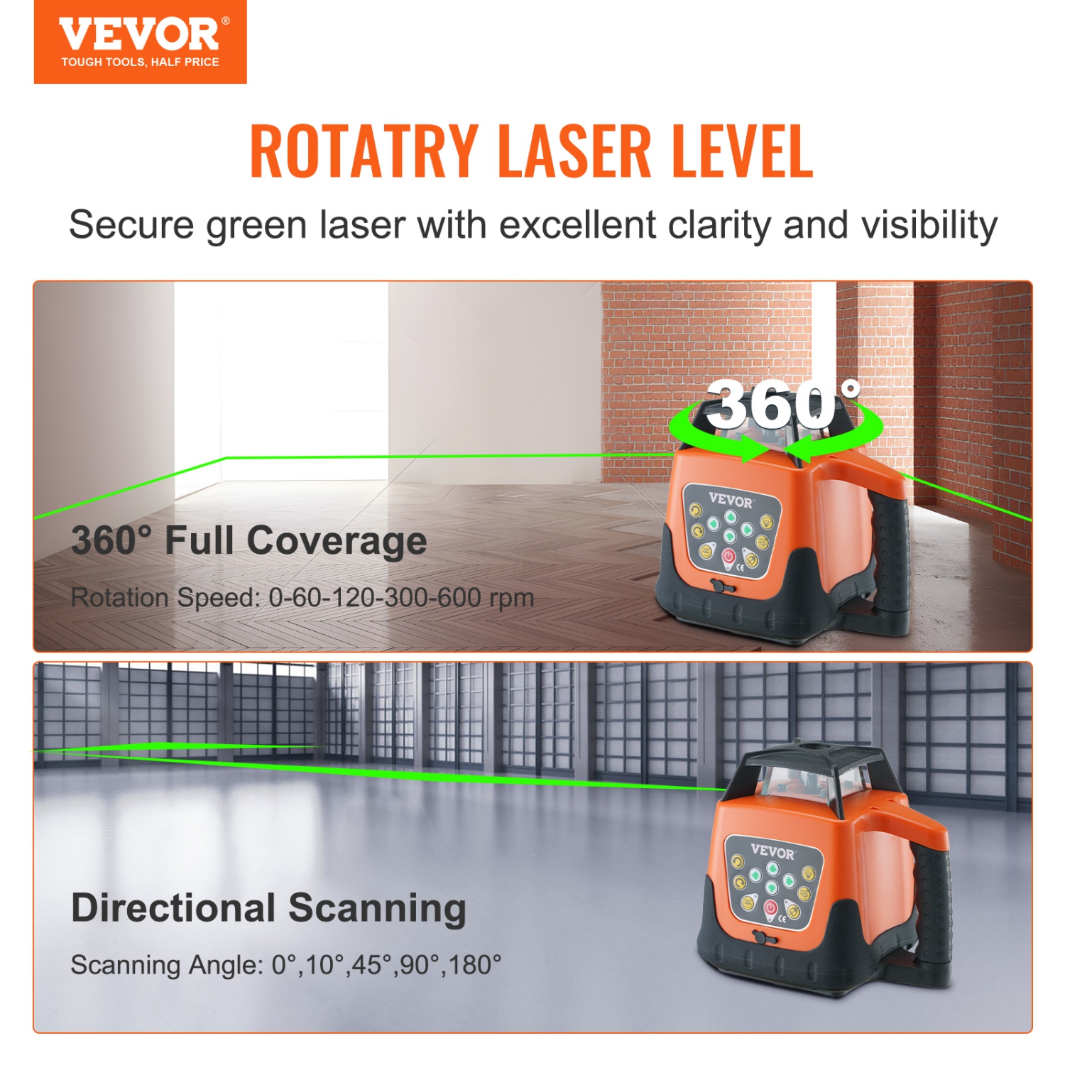 VEVOR 2000ft Laser Level, 360 Degree Self Leveling Green Cross Line Laser,5 Rotation Speeds & 4 Scanning Angles,IP66 Waterproof Remote Control