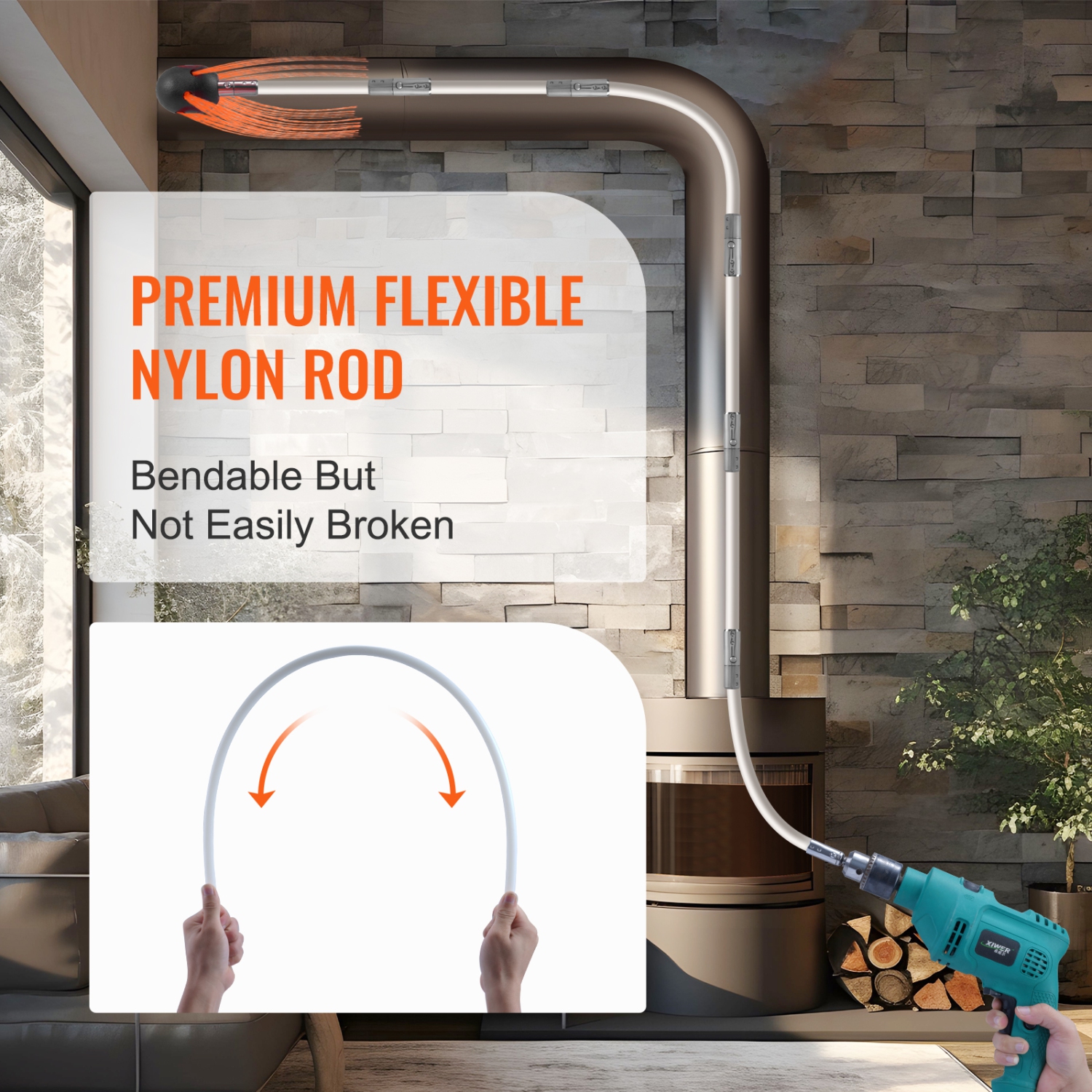 VEVOR 23 Feet Chimney Sweep Kit, w/ 7 Reinforced Nylon Rods, Chimney Cleaning Brush, 360-Degree Brush Chimney Cleaner, Rich Accessories for Fireplace