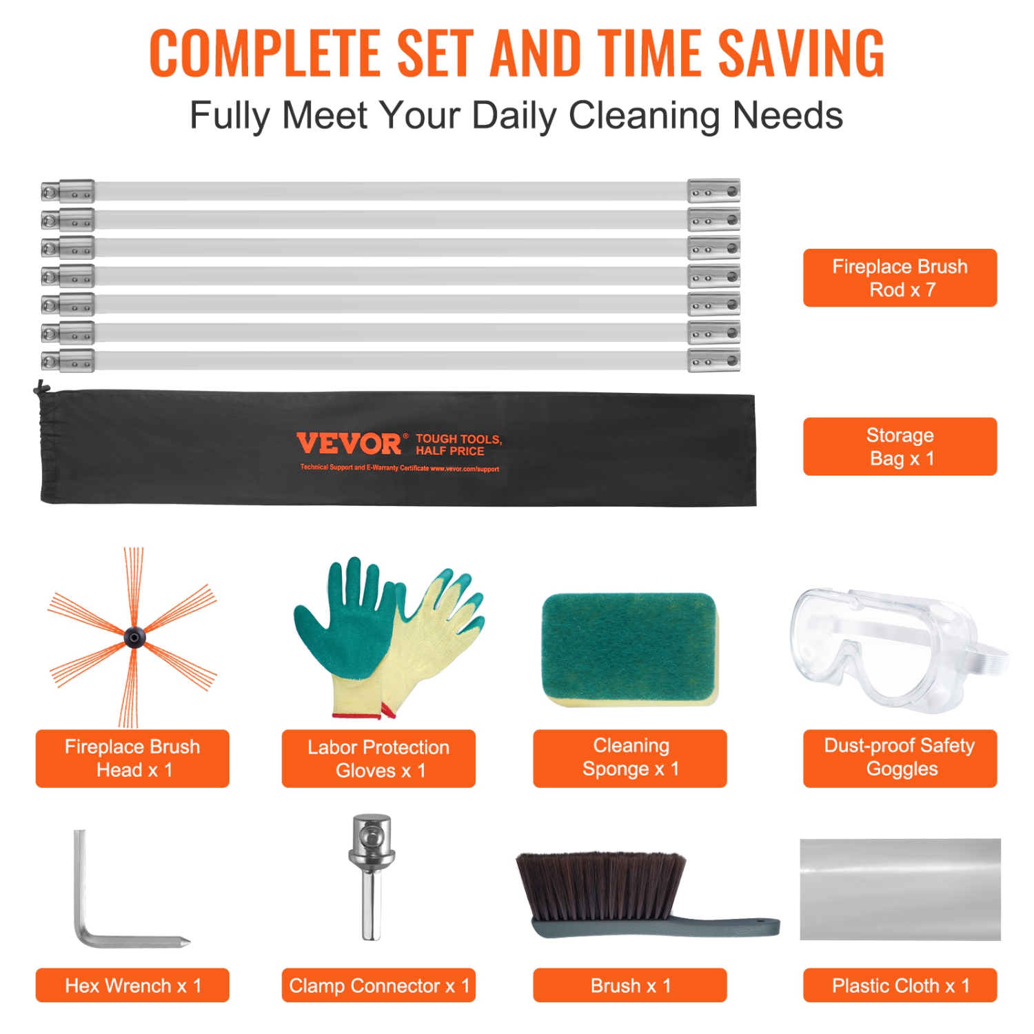 VEVOR 23 Feet Chimney Sweep Kit, w/ 7 Reinforced Nylon Rods, Chimney Cleaning Brush, 360-Degree Brush Chimney Cleaner, Rich Accessories for Fireplace