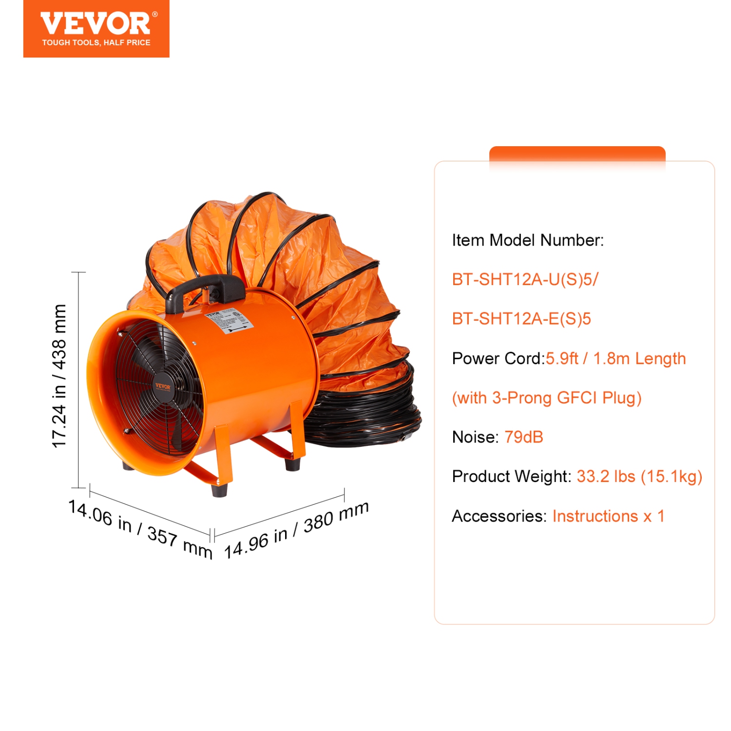 VEVOR 12 inch Portable Ventilator, Heavy Duty Cylinder Fan with 16.4ft Duct Hose, 585W Shop Exhaust Blower 3198CFM, Utility Blower for Sucking Dust,