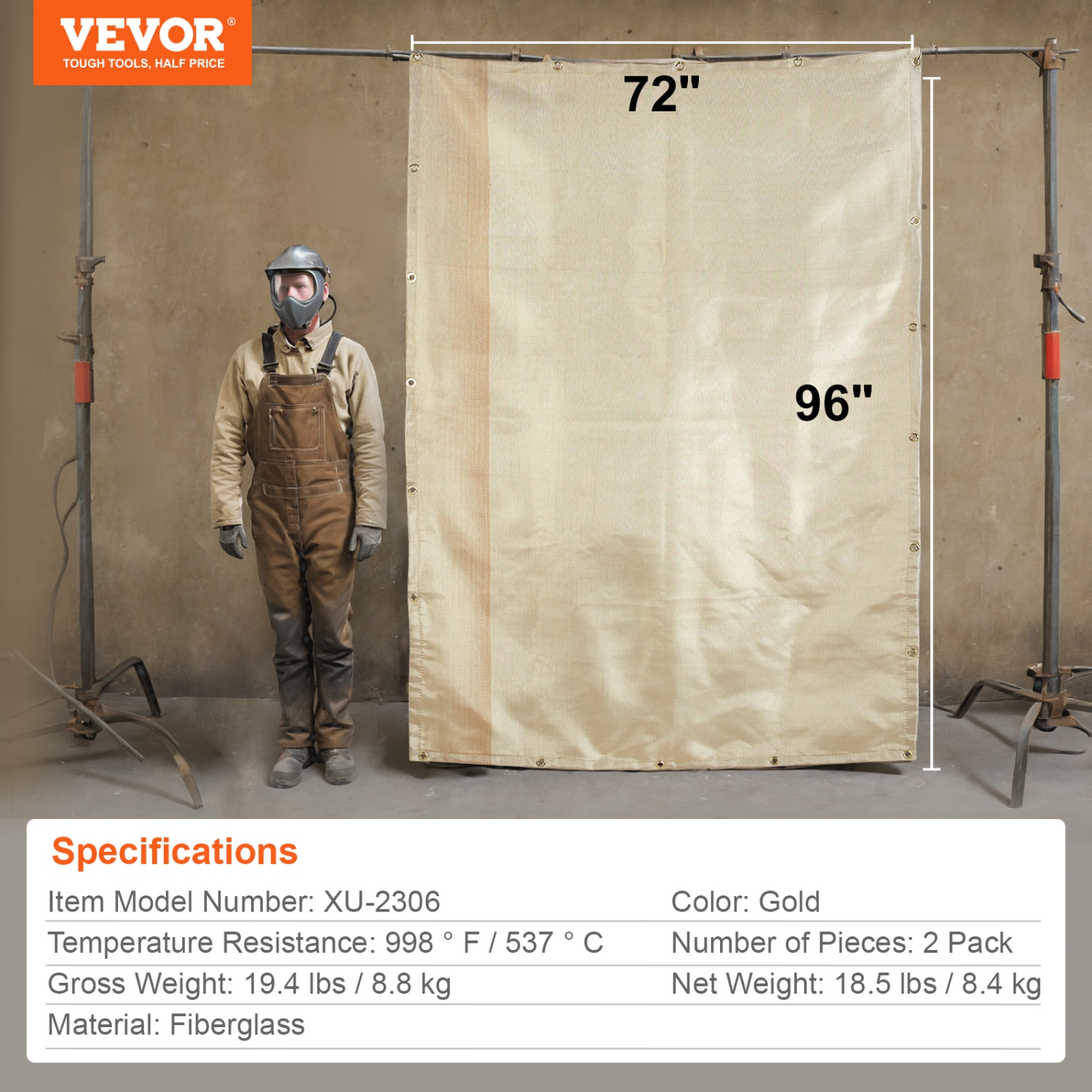 VEVOR 6FT x 8FT Welding Blanket 2 Pack, Heat Treated Welding Blanket, Up To 998°F Heat Resistant Blanket Set, Heavy-Duty Fiberglass Flame Retardant