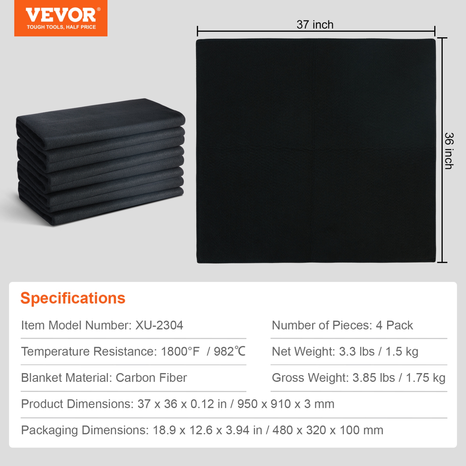 VEVOR 37" x 36" Carbon Felt Welding Blanket 4 Pack, Flame Retardant Welding Blanket, Up To 1800°F Heat Resistant Blanket Set, Cuttable Carbon Fiber
