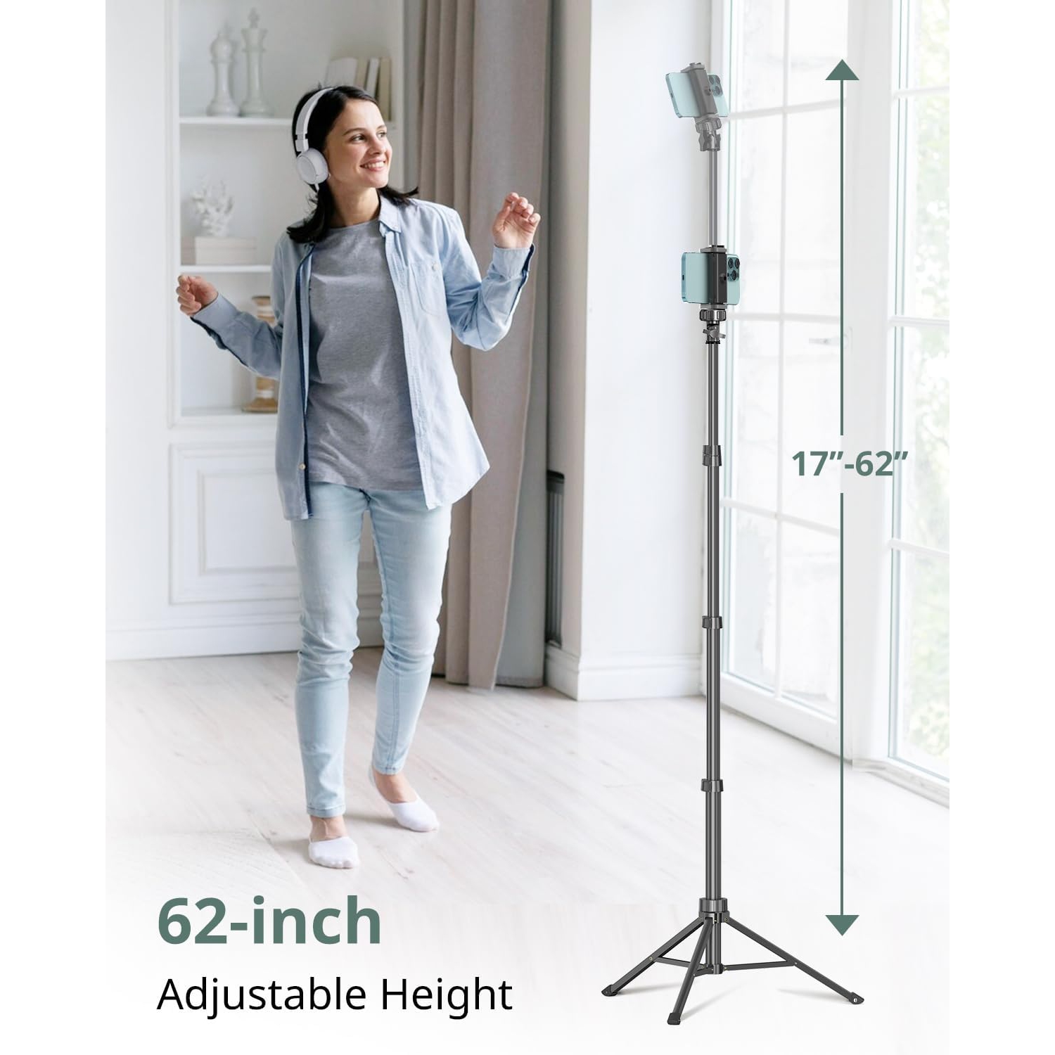 62" Phone Tripod & Selfie Stick, Extendable Cell Phone Tripod Stand with Wireless Remote and Phone Holder, Compatible with iPhone Android Phone,