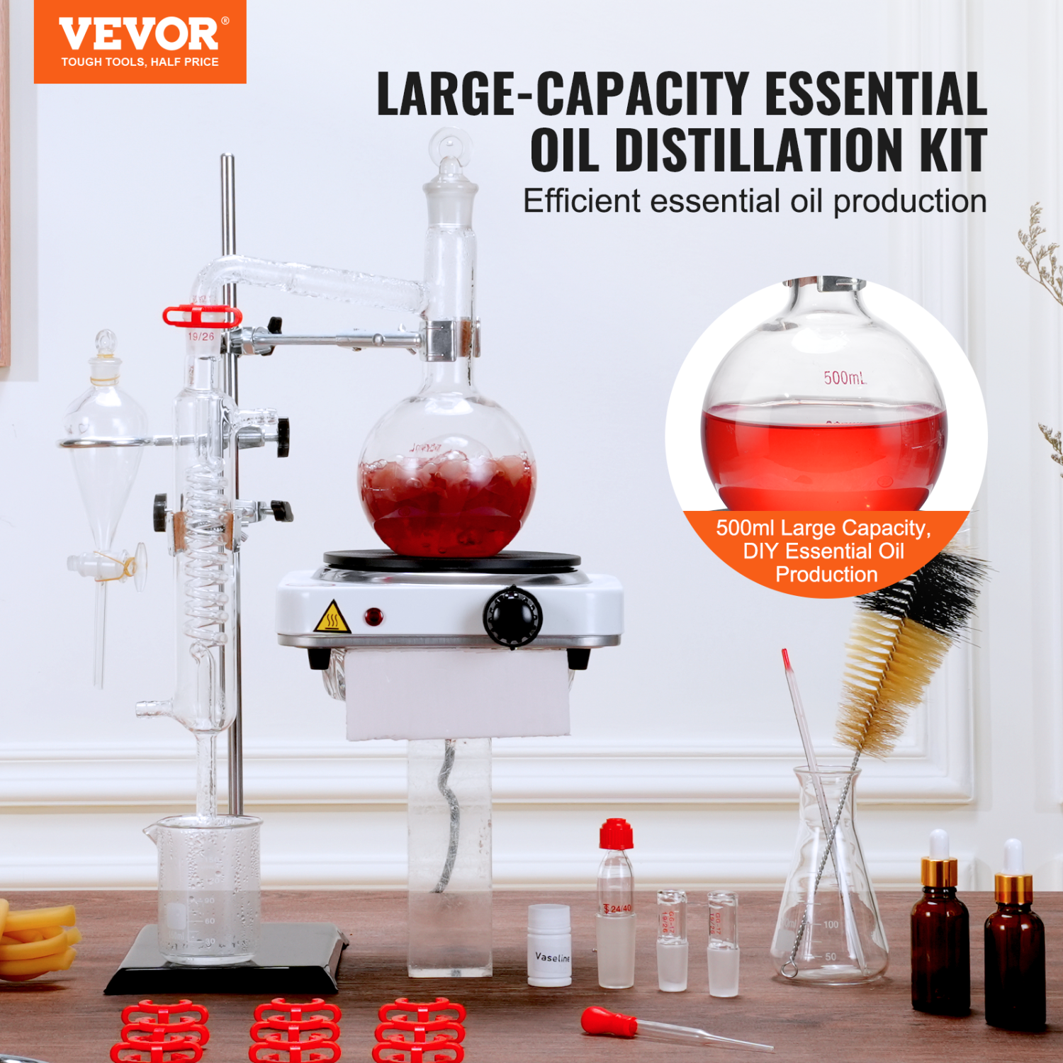 Trousse de distillation d'huile essentielle VEVOR 500 ml, appareil de distillation, 3,3 trousse de distillation de verres Boro Lab avec plaque