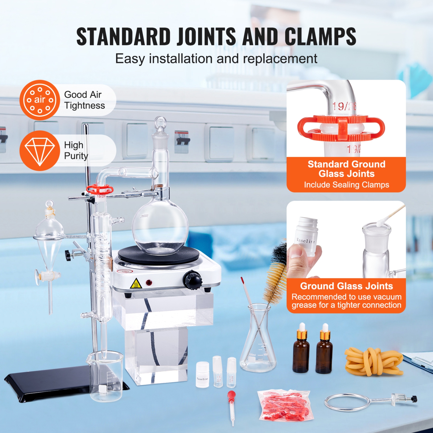 Trousse de distillation d'huile essentielle VEVOR 500 ml, appareil de distillation, 3,3 trousse de distillation de verres Boro Lab avec plaque