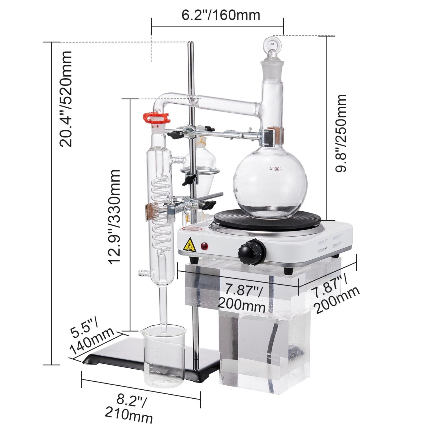 Trousse de distillation d'huile essentielle VEVOR 500 ml, appareil de distillation, 3,3 trousse de distillation de verres Boro Lab avec plaque