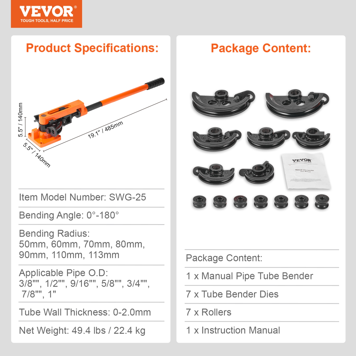VEVOR Pipe Tube Bender, 3/8" to 1" OD Manual Pipe Tube Bender with 7 Bending Dies, 180° Copper Aluminum Pipes Bending Tools for HVAC Air Conditioning