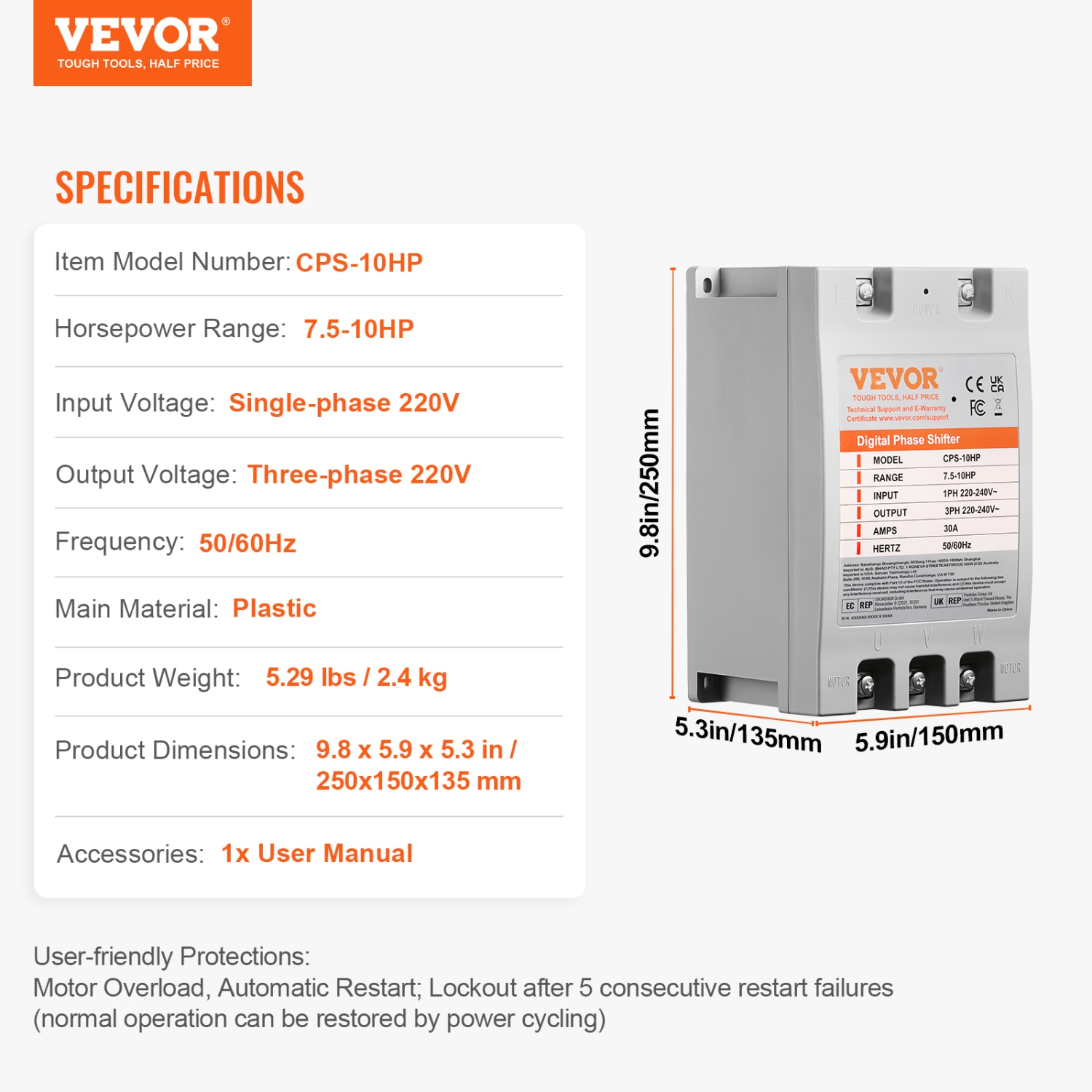 VEVOR 3 Phase Converter - 10HP 30A 220V Single Phase to 3 Phase Converter, Digital Phase Shifter for Light Commercial Use, 220V-240V Input/Output