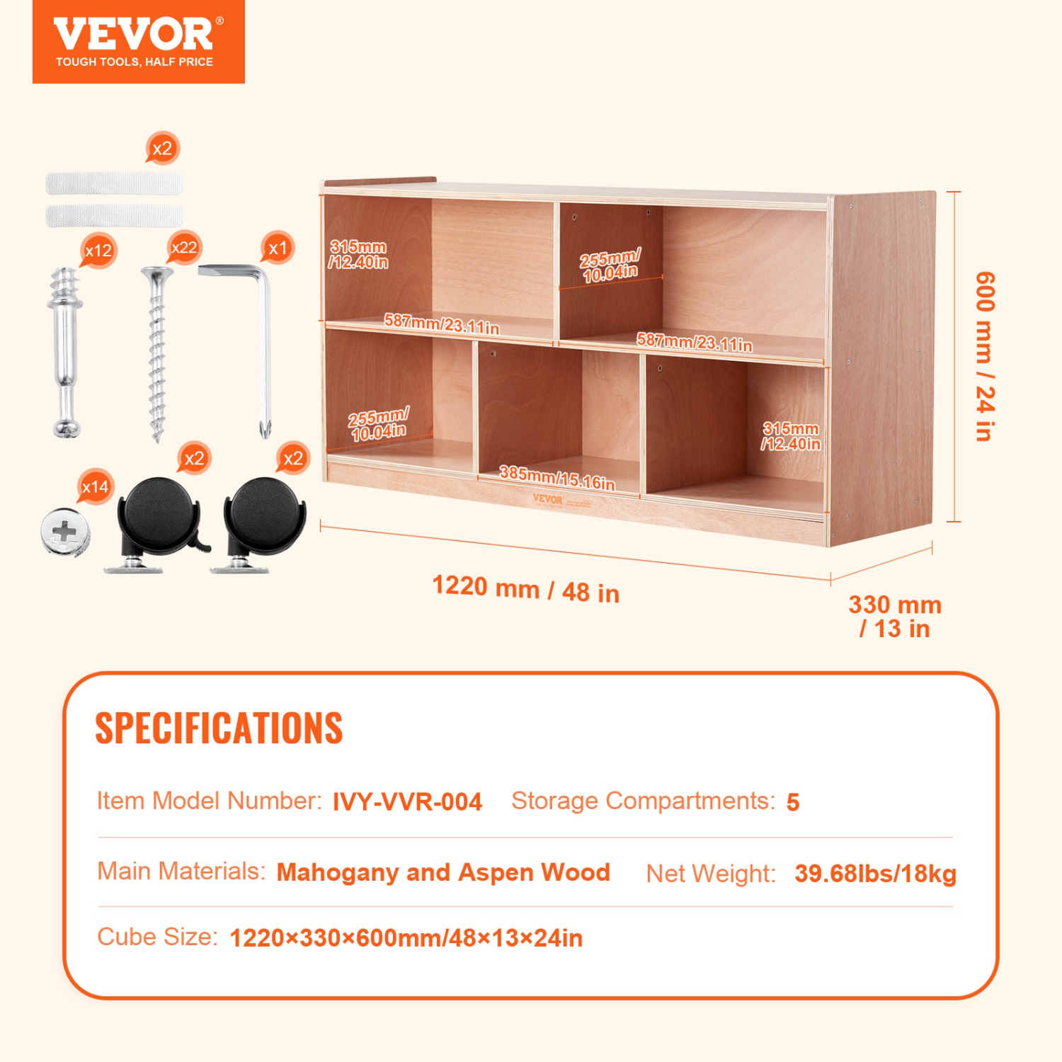 VEVOR 5-Compartment Cubby Mobile Tray Storage Cabinet, Cubby Storage Shelf, Cubby Storage Cabinet 2-shelf, Classroom Cubbies, Classroom Furniture for