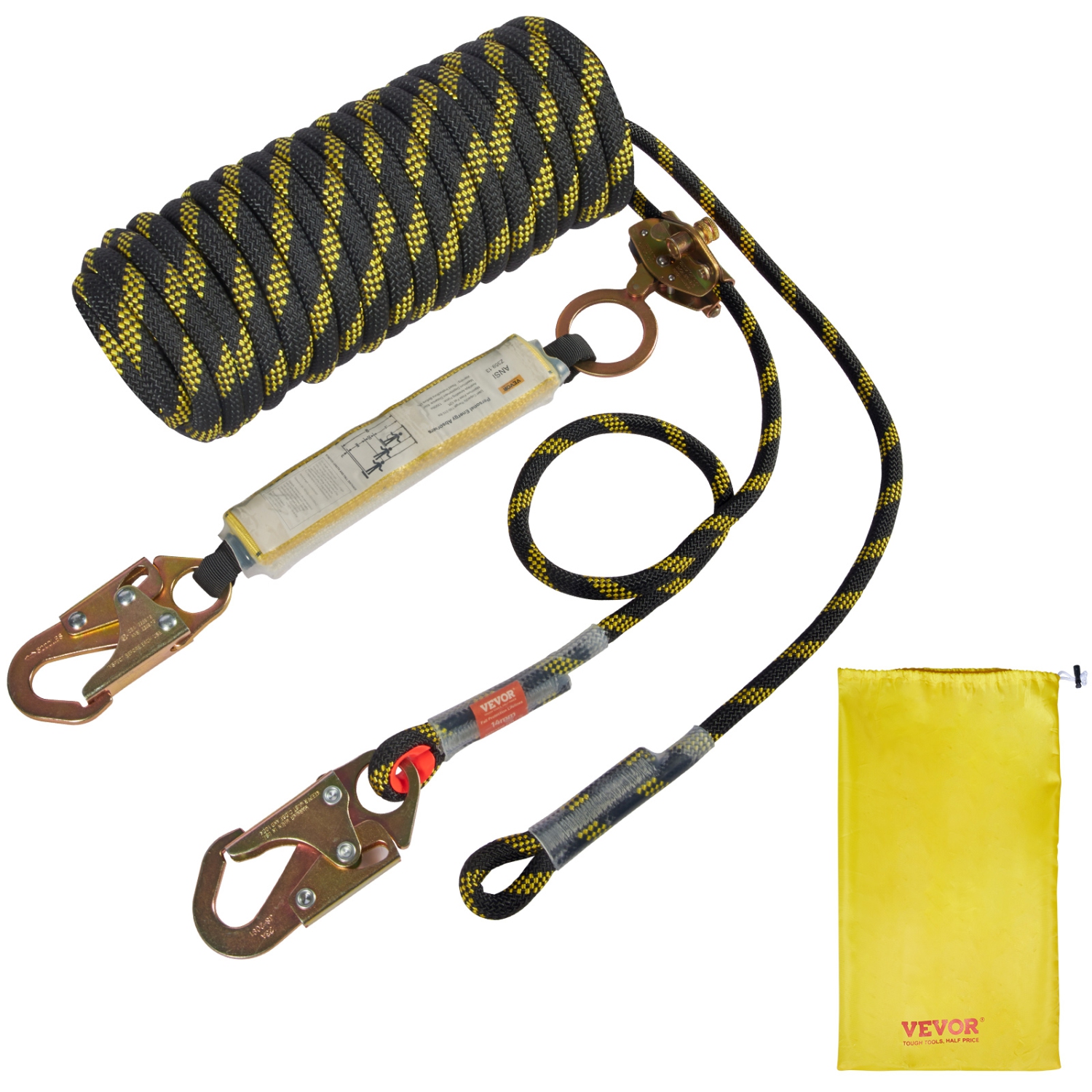 VEVOR 0.55'' x 100' Vertical Lifeline Assembly, Fall Protection Rope with 30 KN Breaking Tension, Roofing Rope with Steel Snap Hooks, Rope Grab, and