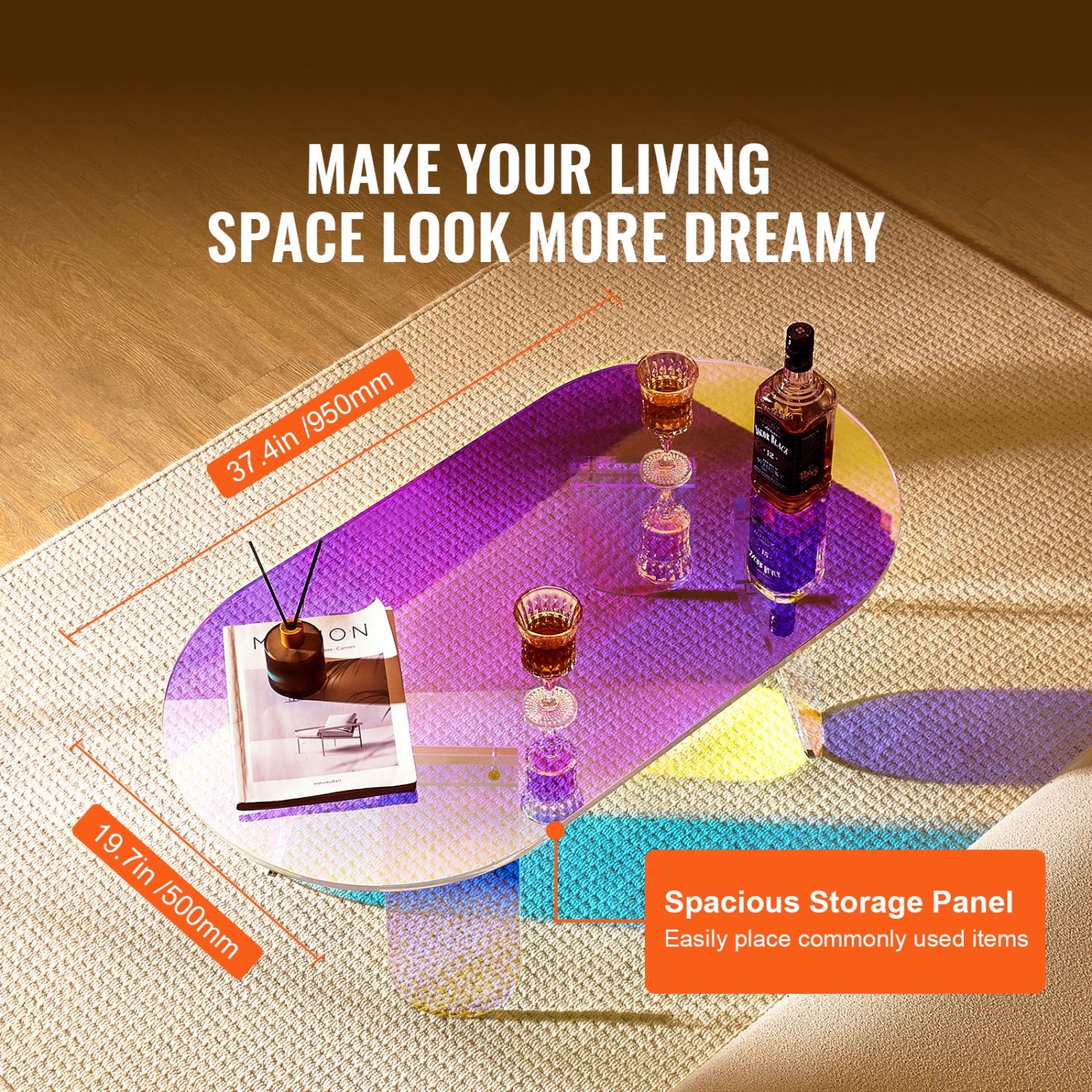 VEVOR 13.8 inch high Acrylic Coffee Table, Iridescent Acrylic End Table, Colorful Acrylic Side Table, for Coffee, Drink, Food, Snack used in Living