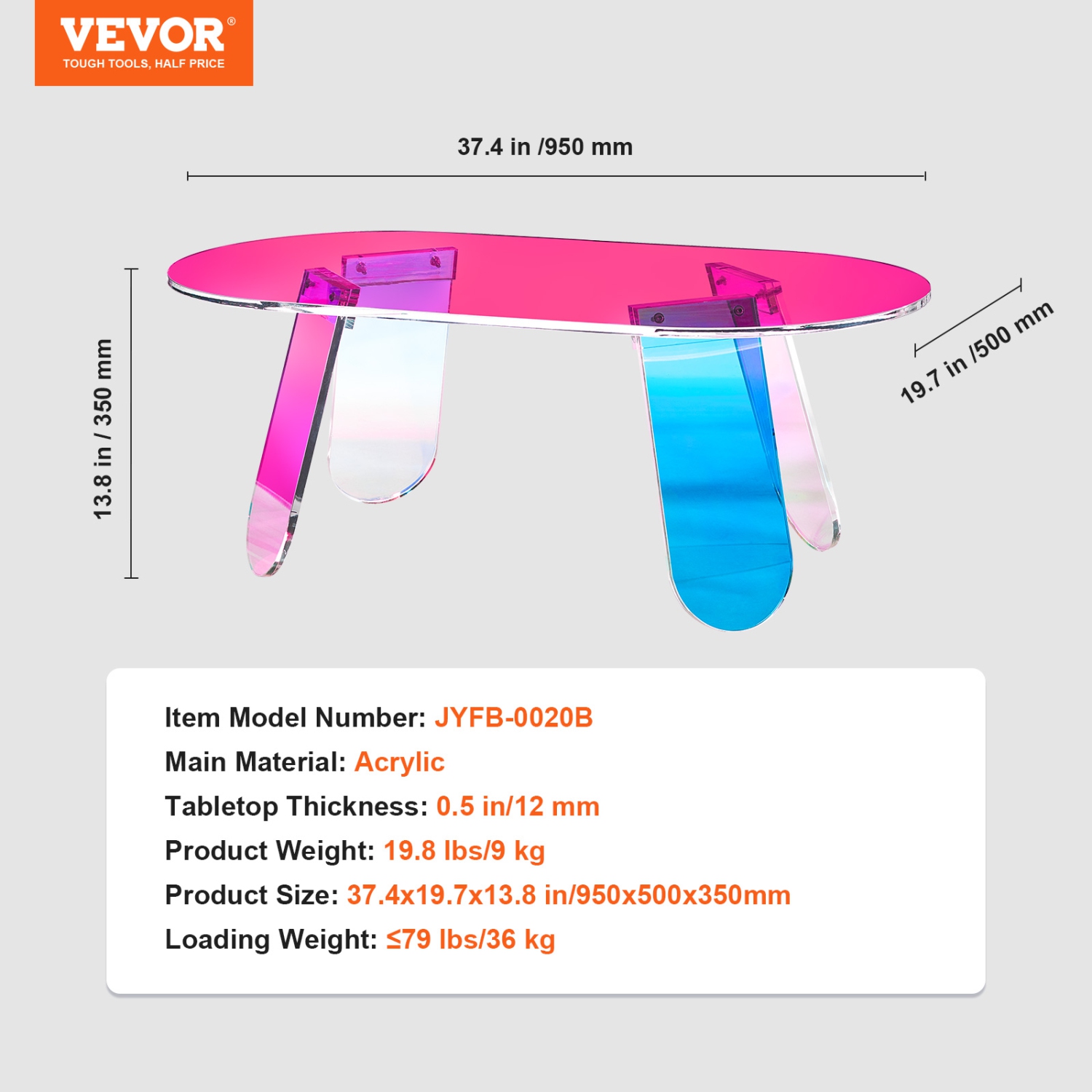 VEVOR 13.8 inch high Acrylic Coffee Table, Iridescent Acrylic End Table, Colorful Acrylic Side Table, for Coffee, Drink, Food, Snack used in Living
